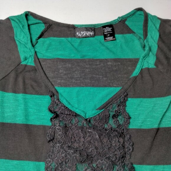 Vintage Y2K Daytrip Shirt Medium Green Black Strriped Deep V Neck Slim Lace Trim - Picture 11 of 14
